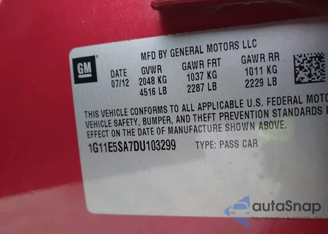 2013 Chevrolet Malibu 2Lt из США, поврежденный, VIN 1G11E5SA7DU103299